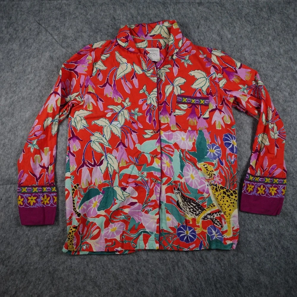 Anthropologie Pajama Top Women‎ Small Red Lil Sire Cheetah Dreams Flannel Sleep